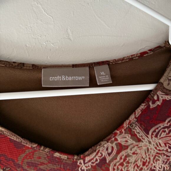 Croft & Barrow Y2k Size XL Brown Red Boho Floral Mesh Long Sleeve Top‎ - Picture 4 of 8